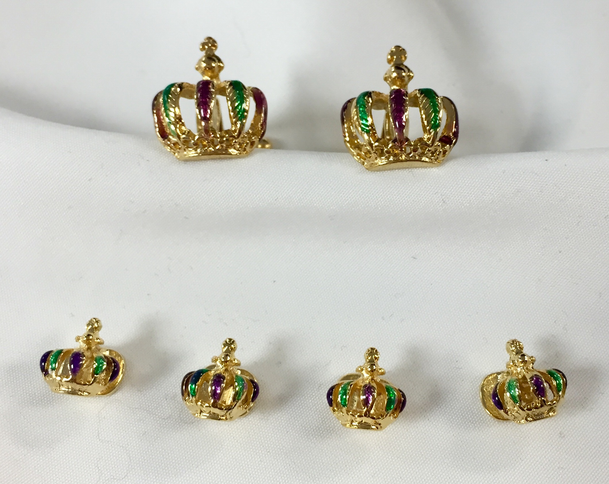 Mardi Gras Colored Kings Crown Tuxedo Cufflinks and Studs Silver or Gold